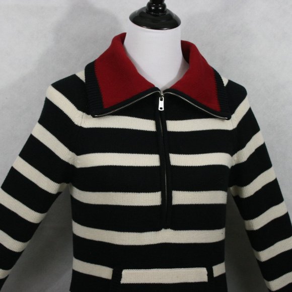 LRL Lauren Jeans Co. B&W Stripe Cotton 1/4 Zip Turtleneck Sweater SZ M EUC - Picture 3 of 7